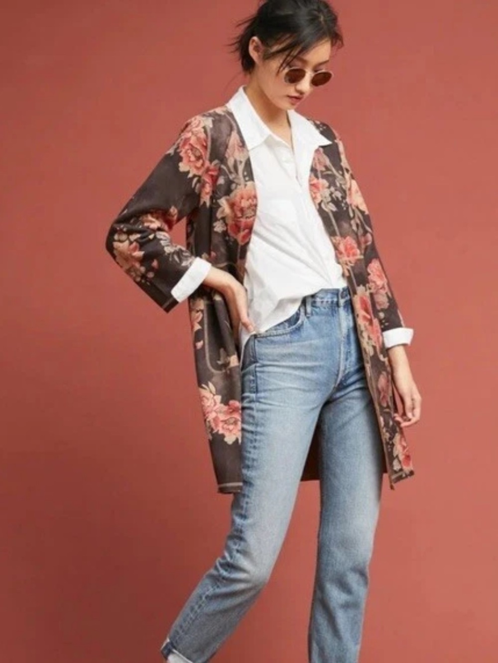Anthropologie Solitaire Floral Long Faux Suede Jacket Duster Cardigan Size Small